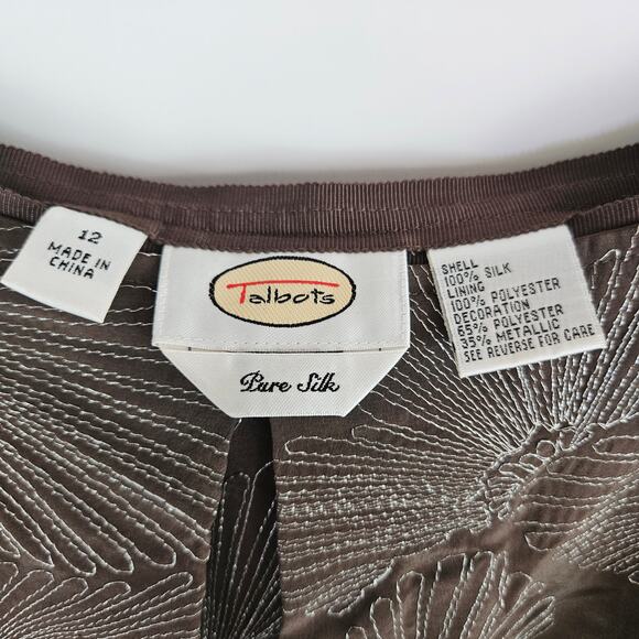 🦃Talbots Pure Silk Pleated Skirt Brown Silver Floral Embroidered Floral Size 12 - Picture 3 of 8
